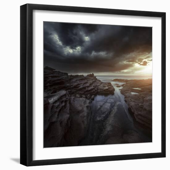 Huge Rocks on the Shore of a Sea Against Stormy Clouds, Sardinia, Italy-null-Framed Premium Photographic Print