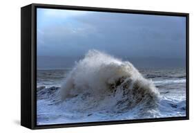 Huge Waves Crash Against a Stone Jetty at Criccieth, Gwynedd, Wales, United Kingdom, Europe-Graham Lawrence-Framed Stretched Canvas