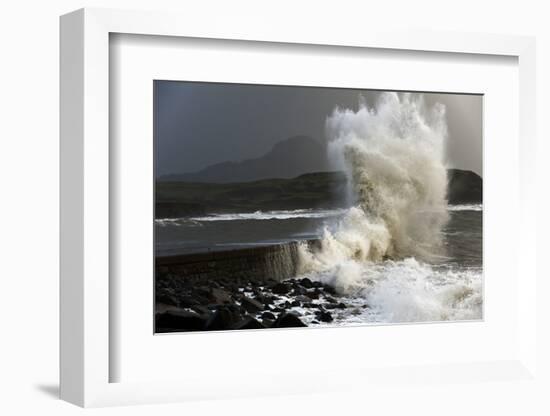 Huge Waves Crash Against a Stone Jetty at Criccieth, Gwynedd, Wales, United Kingdom, Europe-Graham Lawrence-Framed Photographic Print