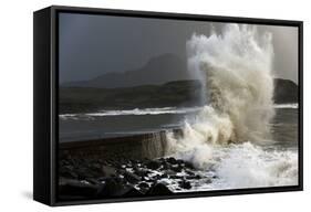 Huge Waves Crash Against a Stone Jetty at Criccieth, Gwynedd, Wales, United Kingdom, Europe-Graham Lawrence-Framed Stretched Canvas