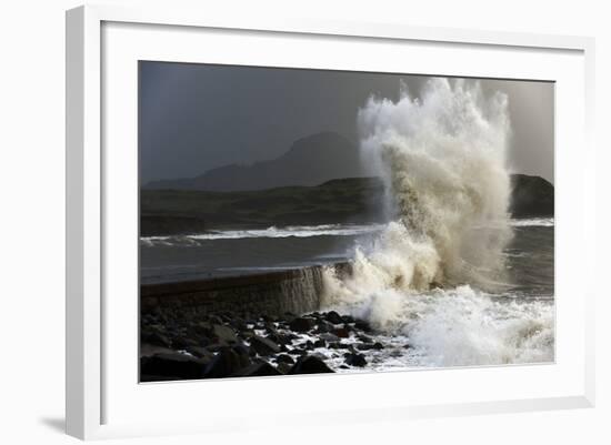 Huge Waves Crash Against a Stone Jetty at Criccieth, Gwynedd, Wales, United Kingdom, Europe-Graham Lawrence-Framed Photographic Print