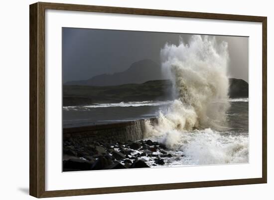 Huge Waves Crash Against a Stone Jetty at Criccieth, Gwynedd, Wales, United Kingdom, Europe-Graham Lawrence-Framed Photographic Print