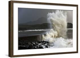 Huge Waves Crash Against a Stone Jetty at Criccieth, Gwynedd, Wales, United Kingdom, Europe-Graham Lawrence-Framed Photographic Print