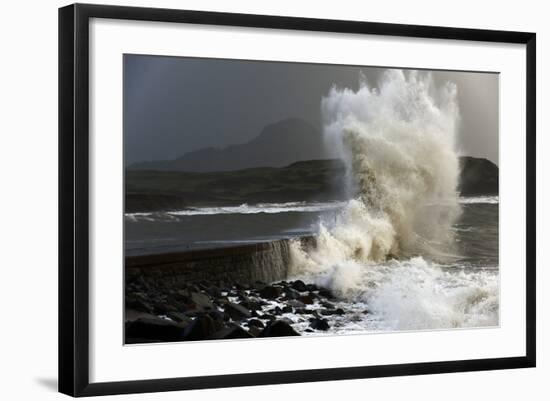 Huge Waves Crash Against a Stone Jetty at Criccieth, Gwynedd, Wales, United Kingdom, Europe-Graham Lawrence-Framed Photographic Print