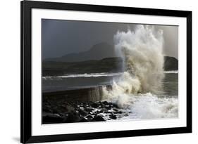 Huge Waves Crash Against a Stone Jetty at Criccieth, Gwynedd, Wales, United Kingdom, Europe-Graham Lawrence-Framed Photographic Print