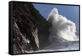 Huge Waves Crash Against Cliffs at Criccieth, Gwynedd, Wales, United Kingdom, Europe-Graham Lawrence-Framed Stretched Canvas