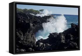 Huge waves crashing against lava rocks on coast of Big Island, Hawaii-Gayle Harper-Framed Stretched Canvas