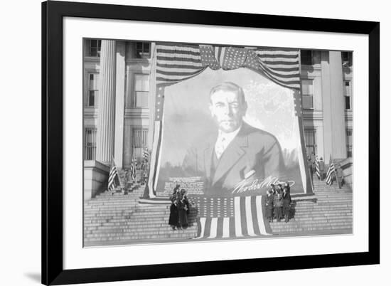 Huge Woodrow Wilson Painting on Fabric Draped In Front of Government Building-null-Framed Art Print