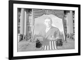 Huge Woodrow Wilson Painting on Fabric Draped In Front of Government Building-null-Framed Art Print