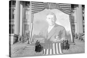 Huge Woodrow Wilson Painting on Fabric Draped In Front of Government Building-null-Stretched Canvas