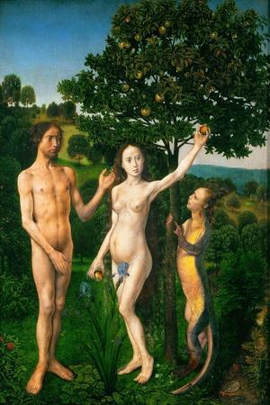 The Fall. Adam and Eve tempted by the snake. Diptych of the Fall and the Redemption.