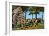 Hula Dancers, Grass Hut, Hawaii-null-Framed Art Print