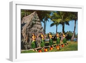 Hula Dancers, Grass Hut, Hawaii-null-Framed Art Print