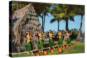 Hula Dancers, Grass Hut, Hawaii-null-Stretched Canvas