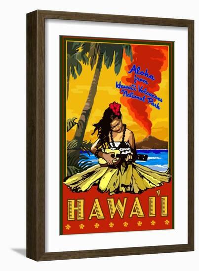 Hula Girl and Ukulele - Hawaii Volcanoes National Park-Lantern Press-Framed Art Print