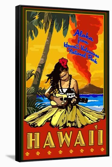 Hula Girl and Ukulele - Hawaii Volcanoes National Park-Lantern Press-Framed Stretched Canvas