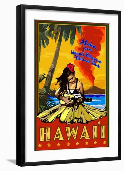 Hula Girl and Ukulele - Hawaii Volcanoes National Park-Lantern Press-Framed Art Print