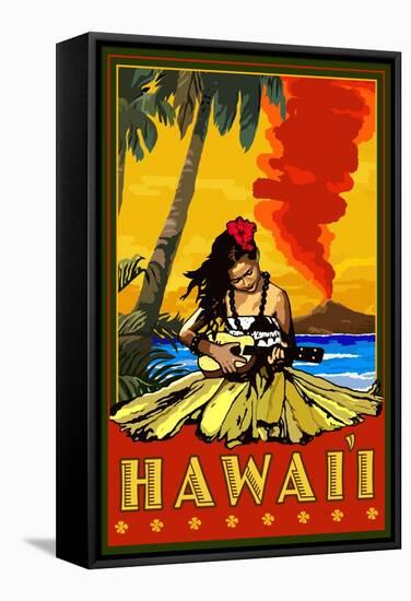 Hula Girl and Ukulele - Hawaii-Lantern Press-Framed Stretched Canvas