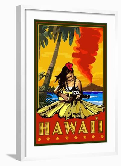 Hula Girl and Ukulele - Hawaii-Lantern Press-Framed Art Print