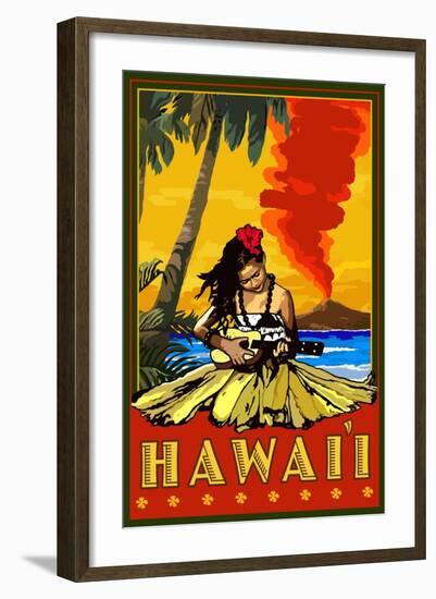 Hula Girl and Ukulele - Hawaii-Lantern Press-Framed Art Print