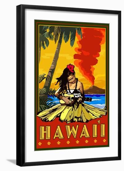 Hula Girl and Ukulele - Hawaii-Lantern Press-Framed Art Print