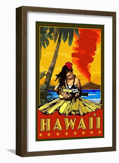 Hula Girl and Ukulele - Hawaii-Lantern Press-Framed Art Print