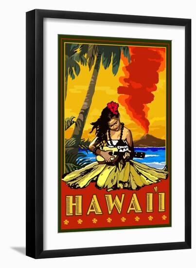 Hula Girl and Ukulele - Hawaii-Lantern Press-Framed Art Print