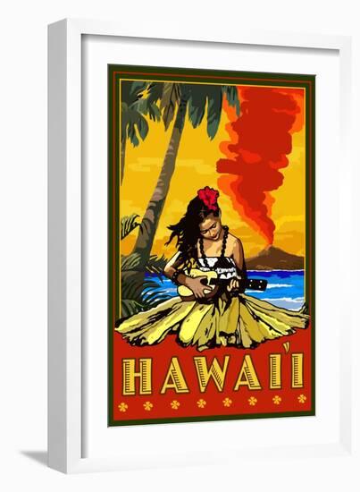 Hula Girl and Ukulele - Hawaii-Lantern Press-Framed Art Print