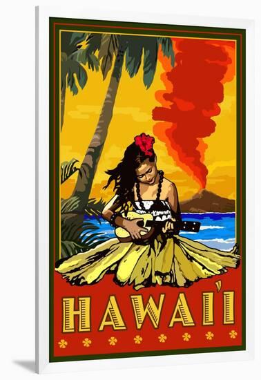 Hula Girl and Ukulele - Hawaii-Lantern Press-Framed Art Print