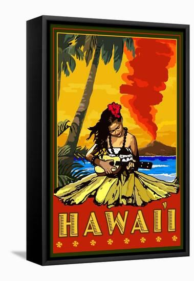 Hula Girl and Ukulele - Hawaii-Lantern Press-Framed Stretched Canvas