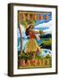 Hula Girl on Coast - Aloha Hawaii-Lantern Press-Framed Art Print