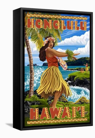 Hula Girl on Coast - Honolulu, Hawaii-Lantern Press-Framed Stretched Canvas