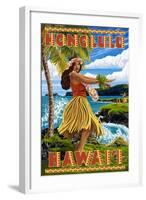 Hula Girl on Coast - Honolulu, Hawaii-Lantern Press-Framed Art Print