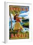 Hula Girl on Coast - Honolulu, Hawaii-Lantern Press-Framed Art Print