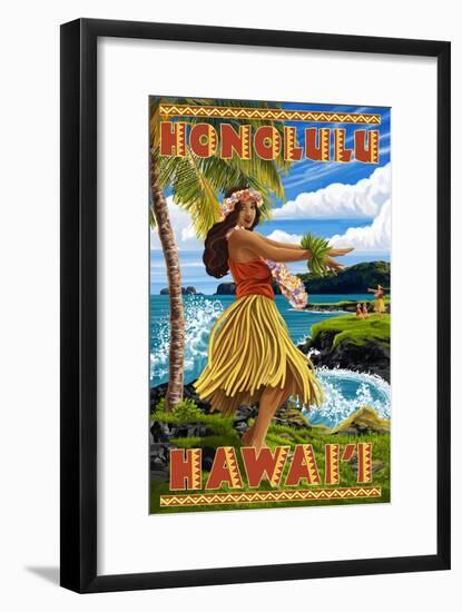 Hula Girl on Coast - Honolulu, Hawaii-Lantern Press-Framed Art Print