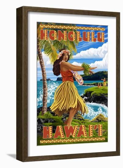 Hula Girl on Coast - Honolulu, Hawaii-Lantern Press-Framed Art Print