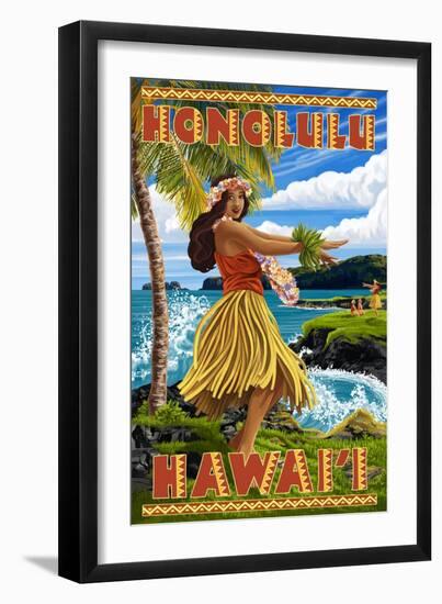 Hula Girl on Coast - Honolulu, Hawaii-Lantern Press-Framed Art Print