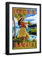 Hula Girl on Coast - Honolulu, Hawaii-Lantern Press-Framed Art Print