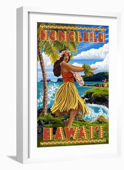 Hula Girl on Coast - Honolulu, Hawaii-Lantern Press-Framed Art Print