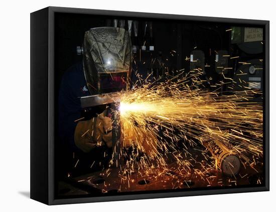 Hull Maintenance Technician Welds Scrap Metal-Stocktrek Images-Framed Stretched Canvas