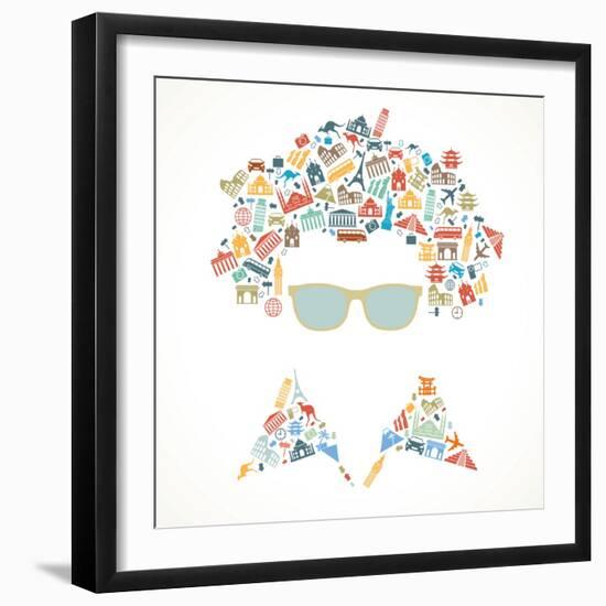 Human Face is Made up of Icons Landmarks. Travel Concept. Vector Illustration-VLADGRIN-Framed Art Print