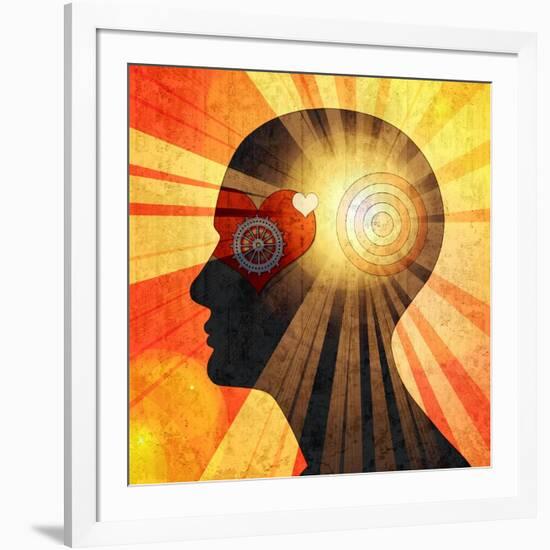 Human Head with Gears Heart Sun and Wall Background-patrice6000-Framed Art Print