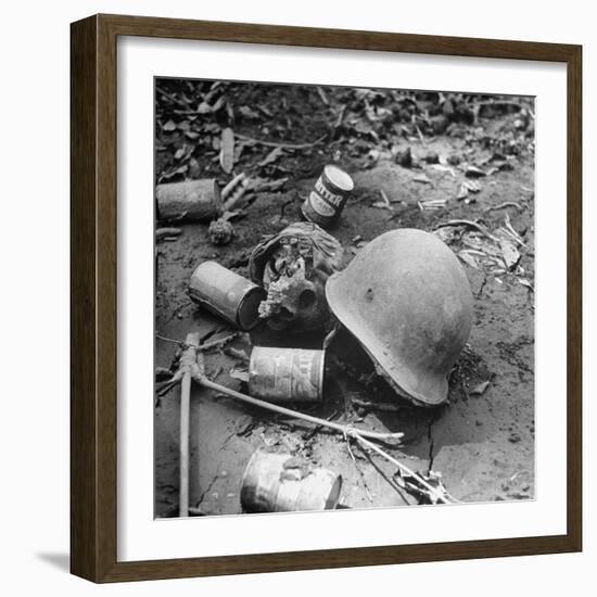 Human Skull, an Army Helmet, and Canned Food by the Side of the Ledo Road, Burma, July 1944-Bernard Hoffman-Framed Photographic Print