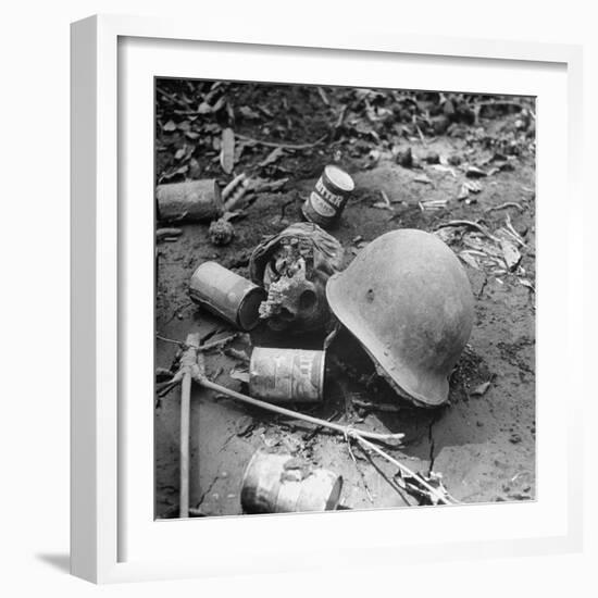 Human Skull, an Army Helmet, and Canned Food by the Side of the Ledo Road, Burma, July 1944-Bernard Hoffman-Framed Photographic Print