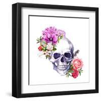 Human Skull with Flowers, Decorative Ornament and Feathers in Vintage Boho Style. Watercolor-Le Panda-Framed Art Print