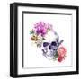 Human Skull with Flowers, Decorative Ornament and Feathers in Vintage Boho Style. Watercolor-Le Panda-Framed Art Print