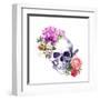 Human Skull with Flowers, Decorative Ornament and Feathers in Vintage Boho Style. Watercolor-Le Panda-Framed Art Print
