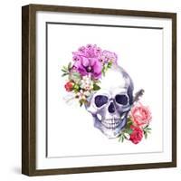 Human Skull with Flowers, Decorative Ornament and Feathers in Vintage Boho Style. Watercolor-Le Panda-Framed Art Print