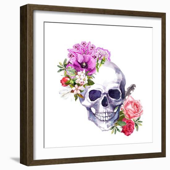 Human Skull with Flowers, Decorative Ornament and Feathers in Vintage Boho Style. Watercolor-Le Panda-Framed Art Print