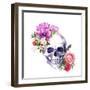 Human Skull with Flowers, Decorative Ornament and Feathers in Vintage Boho Style. Watercolor-Le Panda-Framed Art Print